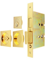 Premium Keyed Pocket-Door Mortise Lock Set with Square Pulls.