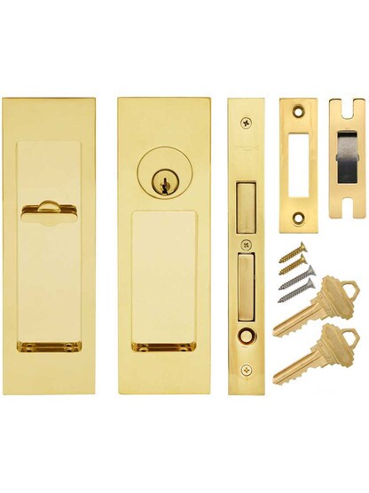 Alternate View of Premium Keyed Pocket-Door Mortise Lock Set with Rectangular Pulls.