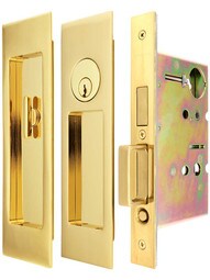 Premium Keyed Pocket-Door Mortise Lock Set with Rectangular Pulls.