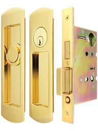 Premium Keyed Pocket-Door Mortise Lock Set with Rounded Pulls.