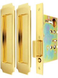 Premium Pocket-Door Mortise Lock Set with Chamfered Corner Pulls.