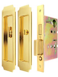 Premium Pocket-Door Mortise Lock Set with Chamfered Corner Pulls.