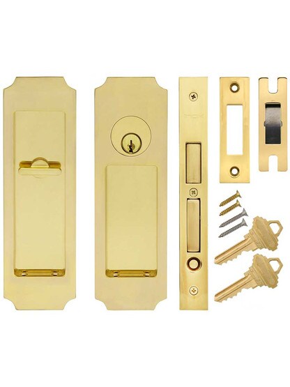 Alternate View of Premium Keyed Pocket-Door Mortise Lock Set with Chamfered Corner Pulls.