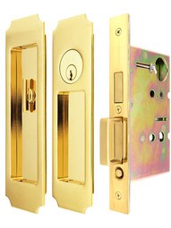 Premium Keyed Pocket-Door Mortise Lock Set with Chamfered Corner Pulls.