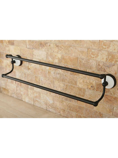 Alternate View of 24 inch Cumberland Dual Towel Bar with Brass and White Porcelain Rosettes.