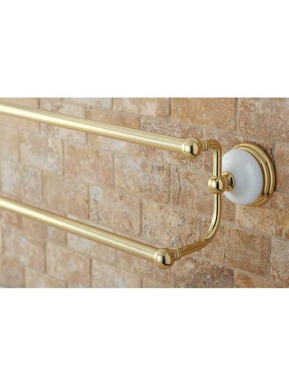 Alternate View 2 of 24 inch Cumberland Dual Towel Bar with Brass and White Porcelain Rosettes.