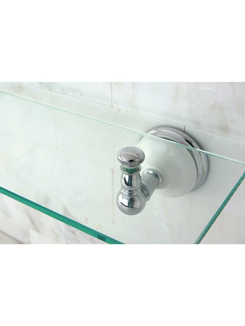 Alternate View of Cumberland Glass Bathroom Shelf with Brass and White Porcelain Rosettes.