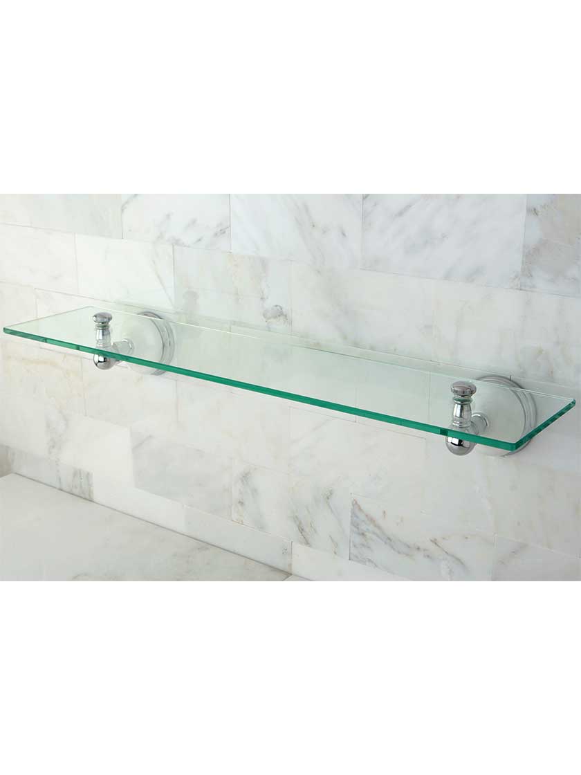 Alternate View 2 of Cumberland Glass Bathroom Shelf with Brass and White Porcelain Rosettes.