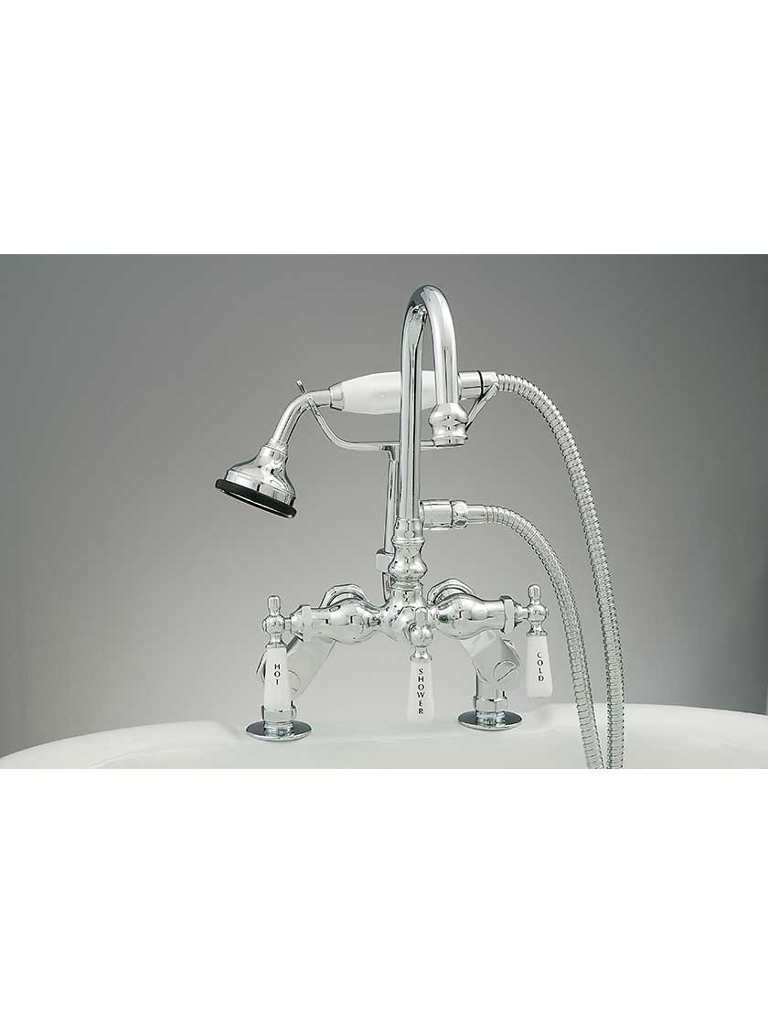 Shasta Rim-Mount Clawfoot Tub Faucet with White Porcelain Levers and Hand Shower