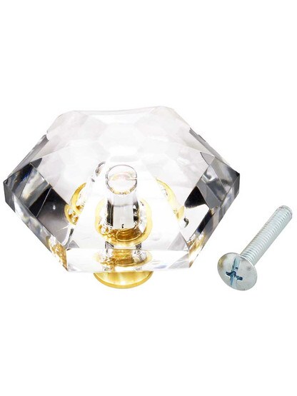 Alternate View 3 of Large German Crystal Diamond Cut Hexagonal Knob With Solid Brass Base.