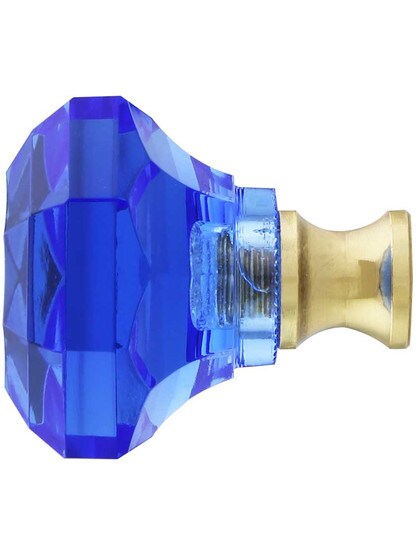 Alternate View of Blue Octagonal Crystal Knob with Solid Brass Base.