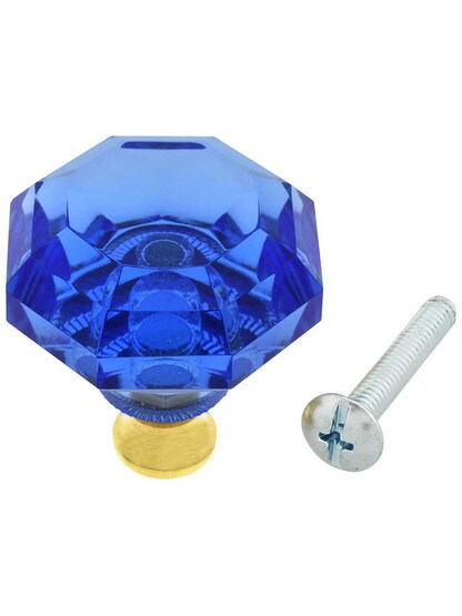 Alternate View 3 of Blue Octagonal Crystal Knob with Solid Brass Base.