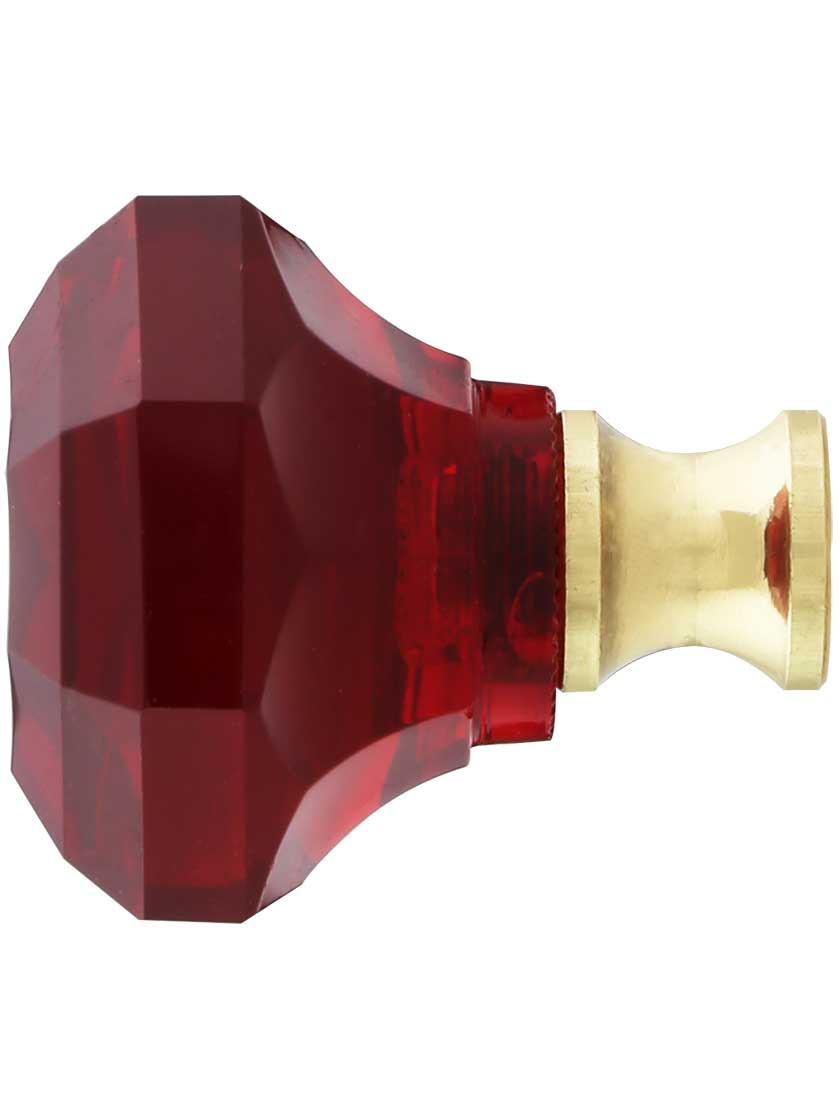 Alternate View of Red Lead-Free Octagonal Crystal Knob with Solid Brass Base.