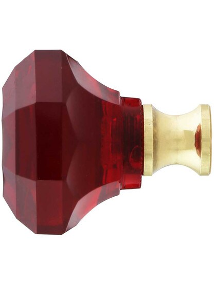 Alternate View of Red Octagonal Crystal Knob with Solid Brass Base.