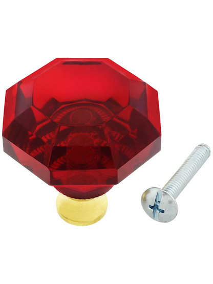 Alternate View 3 of Red Lead-Free Octagonal Crystal Knob with Solid Brass Base.