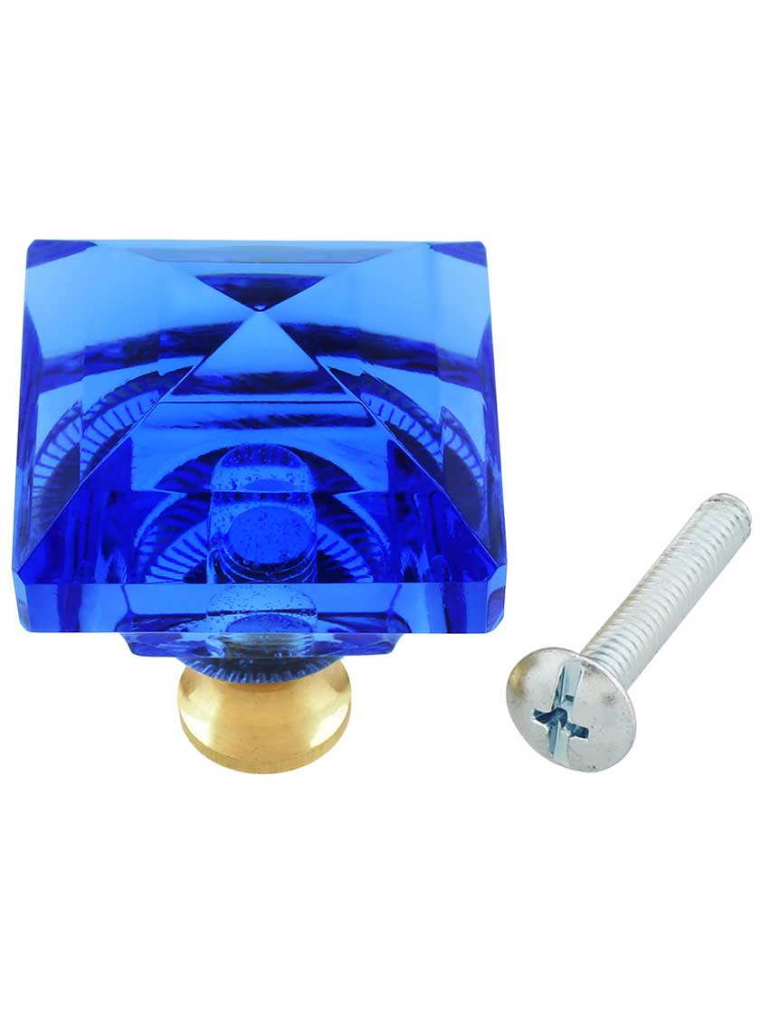 Alternate View 3 of Blue Lead-Free Square Crystal Knob with Solid Brass Base.