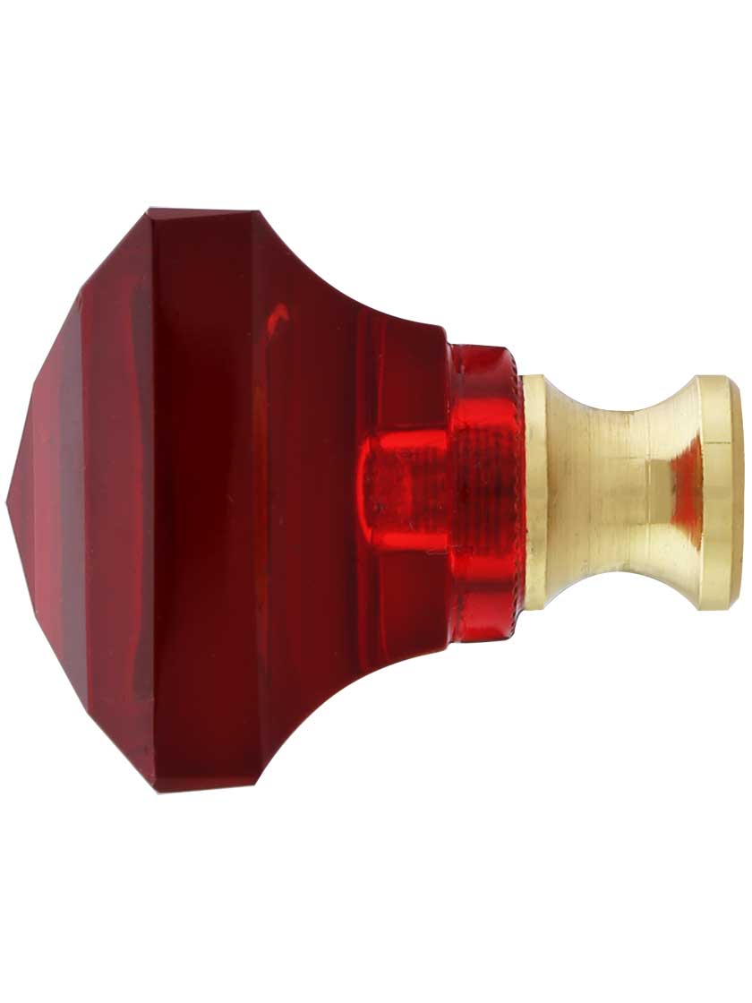 Alternate View of Red Lead-Free Square Crystal Knob with Solid Brass Base.