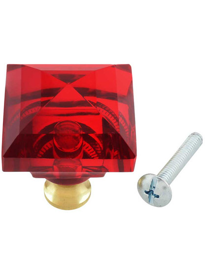 Alternate View 3 of Red Lead-Free Square Crystal Knob with Solid Brass Base.