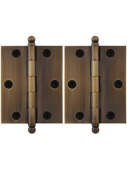 Pair of Premium Solid Brass Cabinet Hinges - 2 1/2 x 2-Inch in Antique-By-Hand.