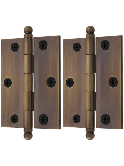 Pair of Premium Solid Brass Cabinet Hinges - 2 1/2 x 2-Inch in Antique-By-Hand