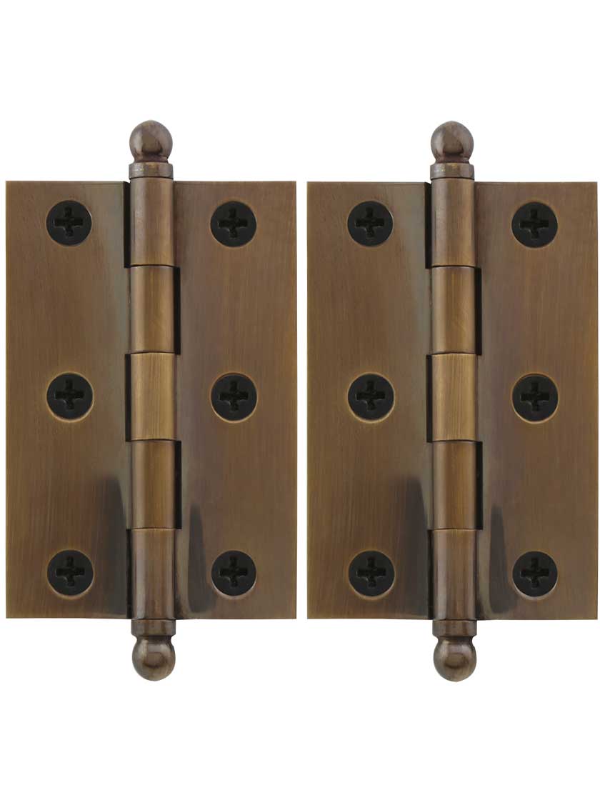 Pair of Premium Solid Brass Cabinet Hinges - 3 x 2-Inch in Antique-By-Hand.