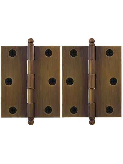 Pair of Premium Solid Brass Cabinet Hinges - 3 x 2 1/2-Inch in Antique-By-Hand.