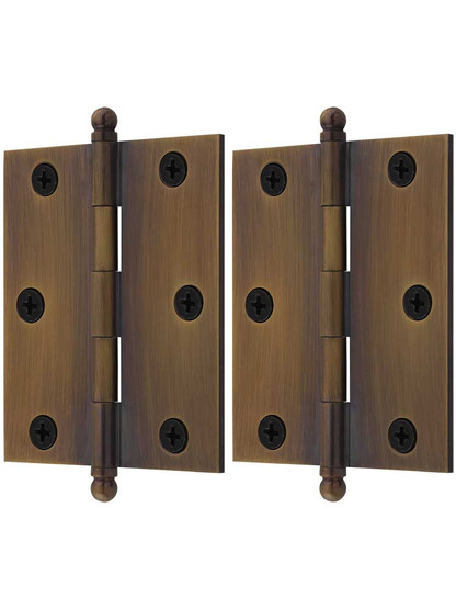 Pair of Premium Solid Brass Cabinet Hinges - 3 x 2 1/2-Inch in Antique-By-Hand