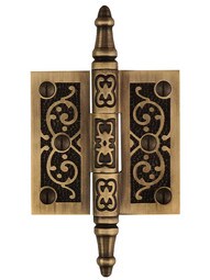 2 1/2-Inch Solid Brass Steeple Tip Hinge With Decorative Vine Pattern in Antique-By-Hand