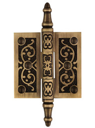 2 1/2-Inch Solid Brass Steeple Tip Hinge With Decorative Vine Pattern in Antique-By-Hand.