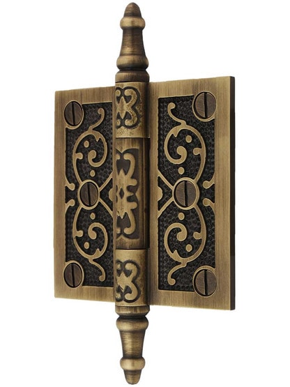 Alternate View of 2 1/2-Inch Solid Brass Steeple Tip Hinge With Decorative Vine Pattern in Antique-By-Hand.