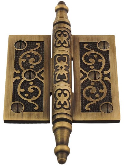 Alternate View 2 of 2 1/2-Inch Solid Brass Steeple Tip Hinge With Decorative Vine Pattern in Antique-By-Hand.