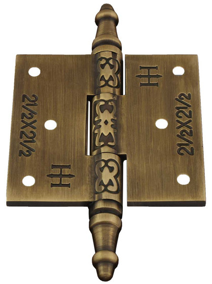 2 1/2-Inch Solid Brass Steeple Tip Hinge With Decorative Vine Pattern in Antique-By-Hand