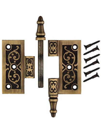 Alternate View 4 of 2 1/2-Inch Solid Brass Steeple Tip Hinge With Decorative Vine Pattern in Antique-By-Hand.