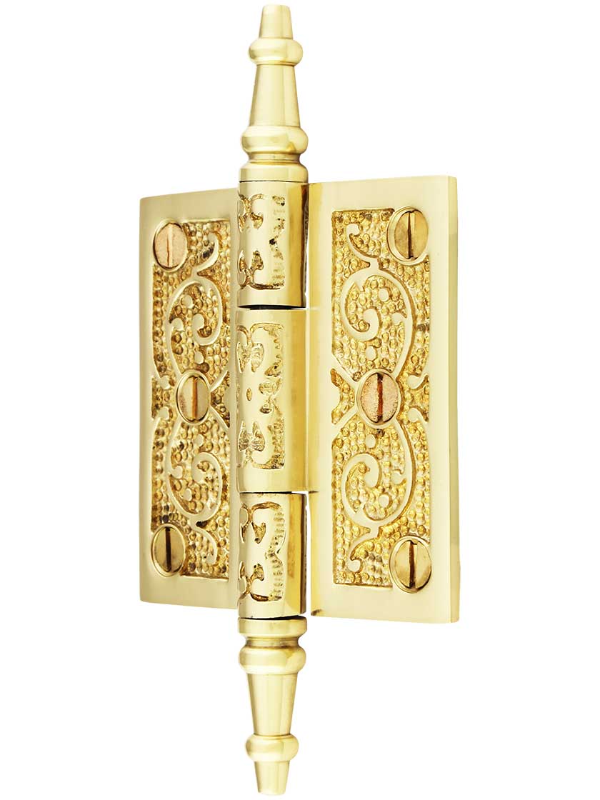 Alternate View of 2 1/2-Inch Solid Brass Steeple Tip Hinge With Decorative Vine Pattern.