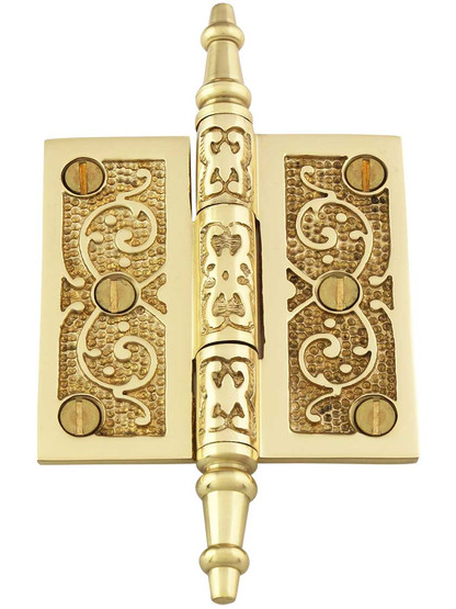 2 1/2-Inch Solid Brass Steeple Tip Hinge With Decorative Vine Pattern