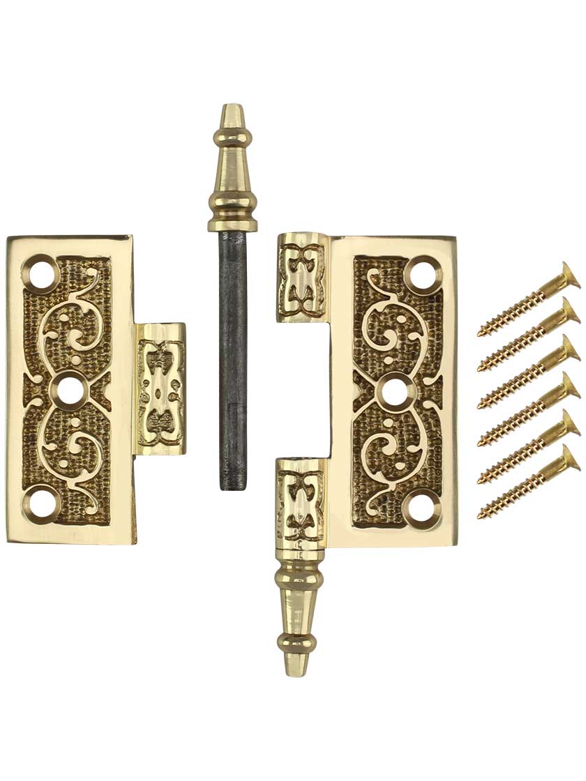 Alternate View 4 of 2 1/2-Inch Solid Brass Steeple Tip Hinge With Decorative Vine Pattern.