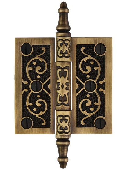 3 inch Solid Brass Steeple Tip Hinge With Decorative Vine Pattern in Antique-By-Hand.
