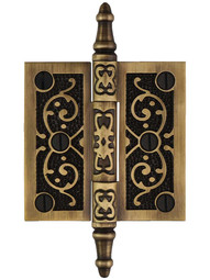 3 inch Solid Brass Steeple Tip Hinge With Decorative Vine Pattern in Antique-By-Hand.