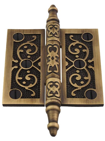 Alternate View 2 of 3 inch Solid Brass Steeple Tip Hinge With Decorative Vine Pattern in Antique-By-Hand.