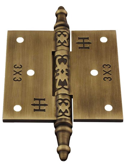 Alternate View 3 of 3 inch Solid Brass Steeple Tip Hinge With Decorative Vine Pattern in Antique-By-Hand.
