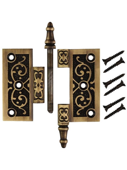 Alternate View 4 of 3 inch Solid Brass Steeple Tip Hinge With Decorative Vine Pattern in Antique-By-Hand.