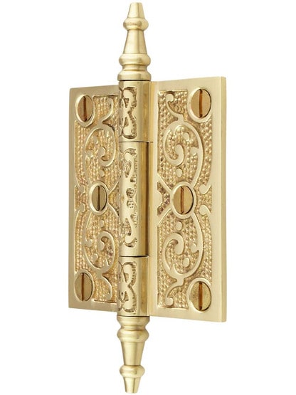 Alternate View of 3 inch Solid Brass Steeple Tip Hinge With Decorative Vine Pattern.