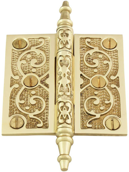 Alternate View 2 of 3 inch Solid Brass Steeple Tip Hinge With Decorative Vine Pattern.