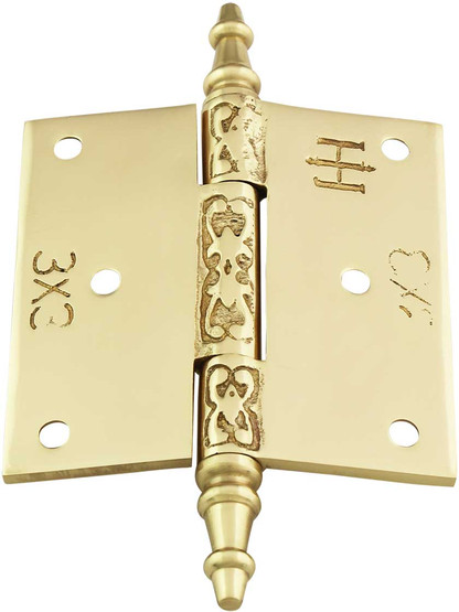 Alternate View 3 of 3 inch Solid Brass Steeple Tip Hinge With Decorative Vine Pattern.