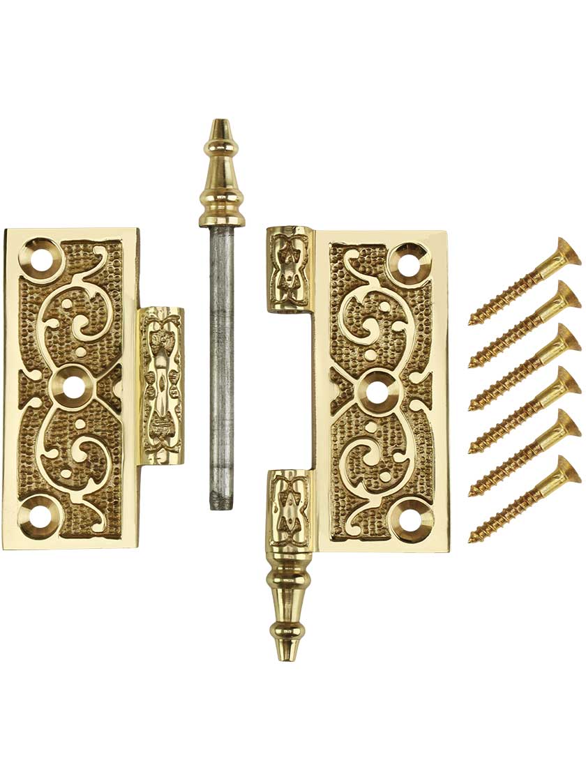 Alternate View 4 of 3 inch Solid Brass Steeple Tip Hinge With Decorative Vine Pattern.