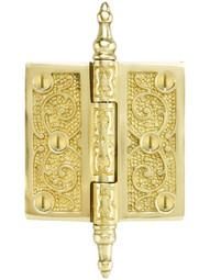 3 inch Solid Brass Steeple Tip Hinge With Decorative Vine Pattern.