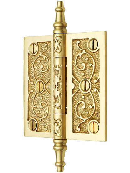 Alternate View of 3 1/2 inch Solid Brass Steeple Tip Hinge With Decorative Vine Pattern.