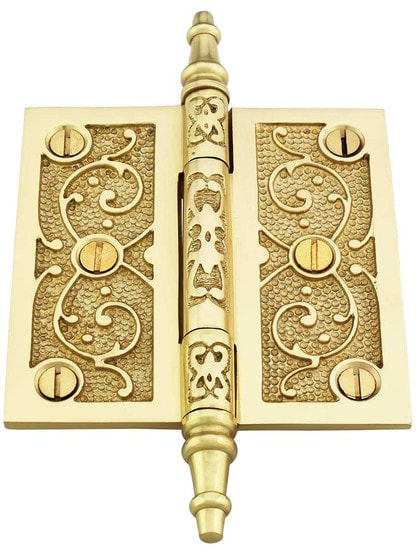 Alternate View 2 of 3 1/2 inch Solid Brass Steeple Tip Hinge With Decorative Vine Pattern.