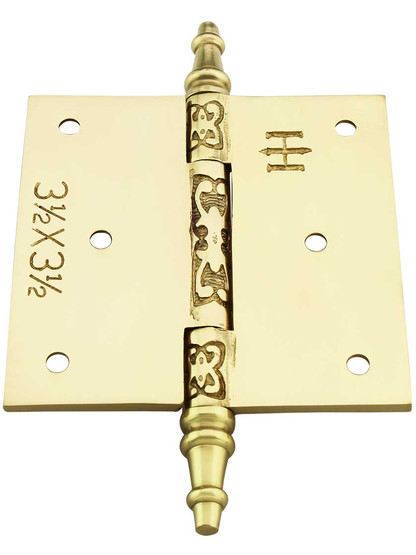 Alternate View 3 of 3 1/2 inch Solid Brass Steeple Tip Hinge With Decorative Vine Pattern.