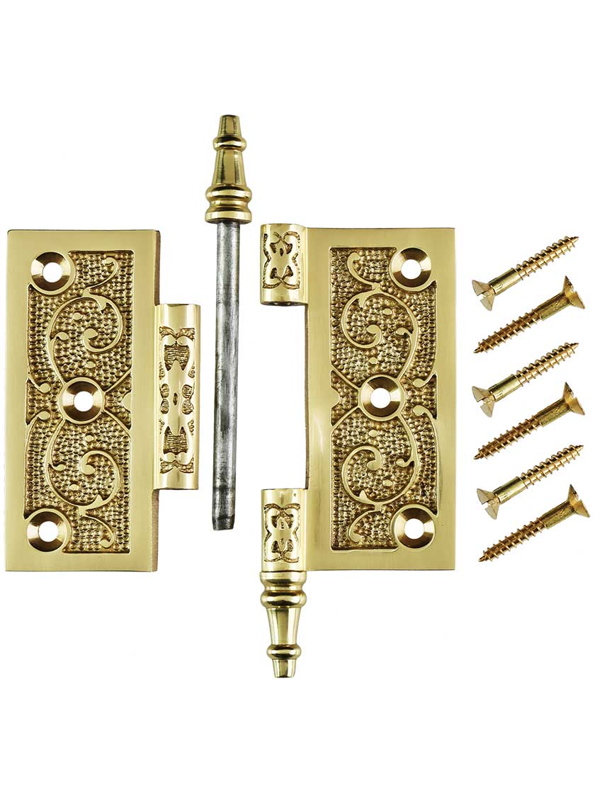 Alternate View 4 of 3 1/2 inch Solid Brass Steeple Tip Hinge With Decorative Vine Pattern.
